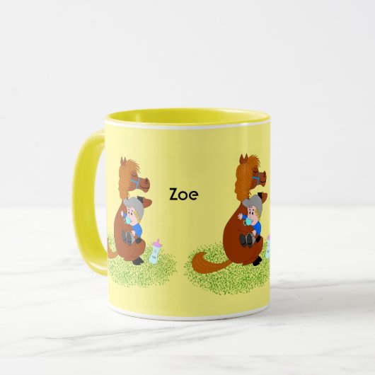 Grappig en schattig pony met baby - babysitter mok (Voorkant links)