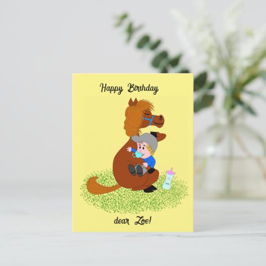 Grappig en schattig pony met baby - kinderverjaard briefkaart (Staand voorkant)