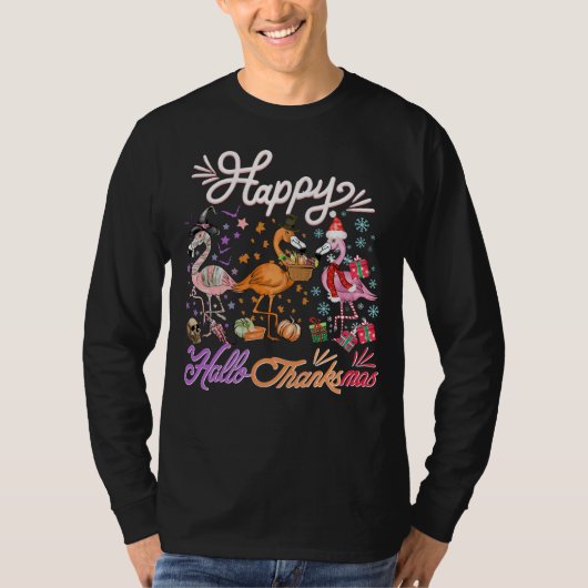Grappig en Schattige Flamingo Happy HalloDanksmas T-shirt (Voorkant)