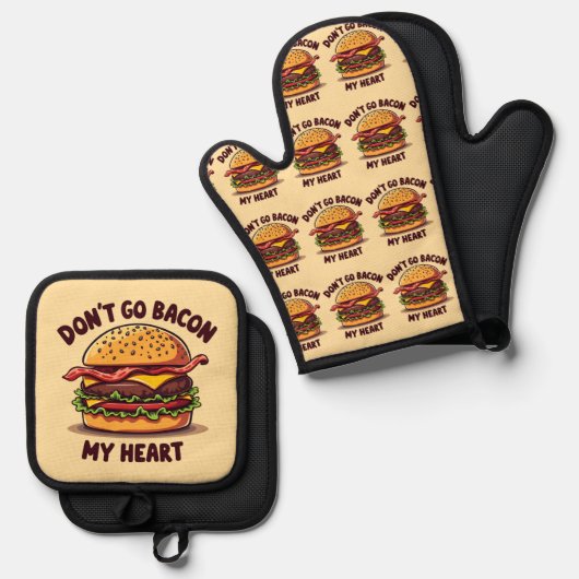 Grappig eten Pun Bacon Lover Cheeseburger Design Ovenwant & Pannenlap Set (Voorkant / Achterkant)