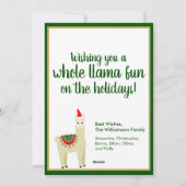 Grappig Fa La La Whole Llama Fun Alpaca Santa Hat Feestdagenkaart (Achterkant)
