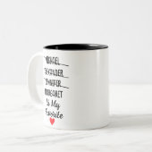 Grappig favoriet kind met gepersonaliseerde 4 name tweekleurige koffiemok (Voorkant links)