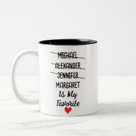 Grappig favoriet kind met gepersonaliseerde 4 name tweekleurige koffiemok