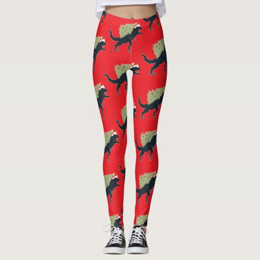Grappig Feestelijke Dino Kerstmis Leggings (Voorkant)