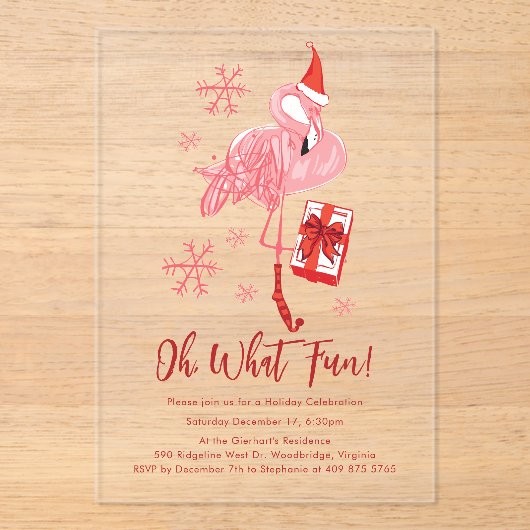 Grappig Flamingo kerstfeest Acryl Uitnodigingen (Voorkant)