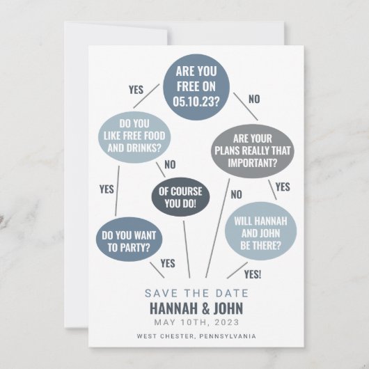 Grappig flowchart blauwe trouwkaart save the date (Voorkant)