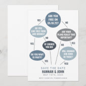 Grappig flowchart blauwe trouwkaart save the date (Voorkant / Achterkant)