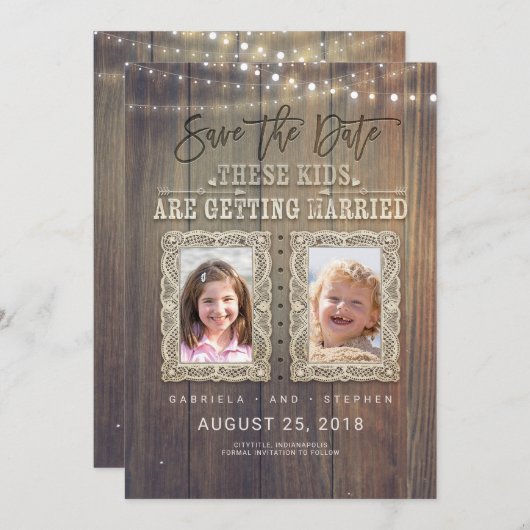 Grappig fotograferen van kinderen | Rustisch hout  Save The Date (Voorkant / Achterkant)