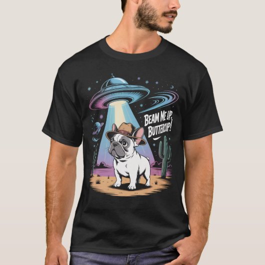 Grappig Frans Bulldog UFO Alien Abduction T-Shirt (Voorkant)