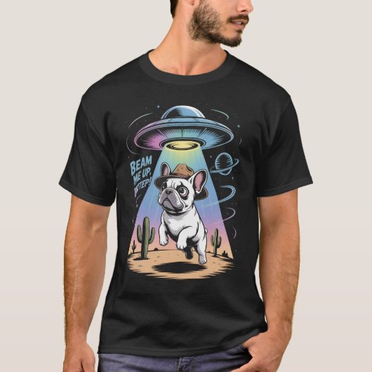 Grappig Frans Bulldog UFO Alien Abduction T-Shirt (Voorkant)