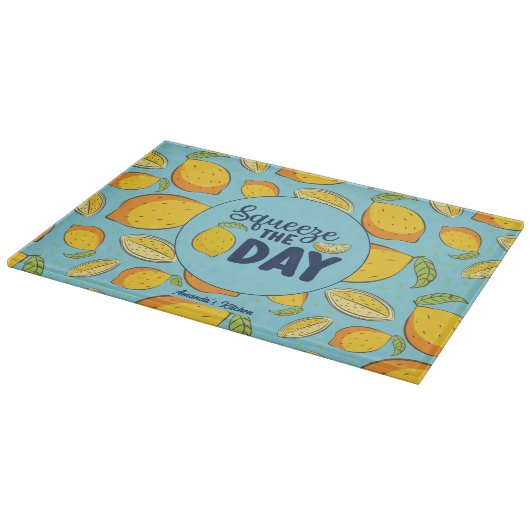 Grappig fruit knijpt de dag  lemonpatronen. snijplank (Hoek)