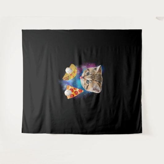 Grappig Galaxy Cat Shirt _ Space Cat Eat Pizza en  Wandkleed (Voorkant (horizontaal))