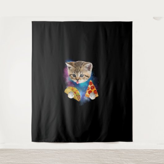Grappig Galaxy Cat Shirt _ Space Cat Eat Pizza en  Wandkleed (Voorkant)