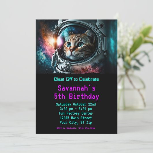 Grappig Galaxy Space Cat Astronaut Verjaardagsfees Kaart (Staand voorkant)