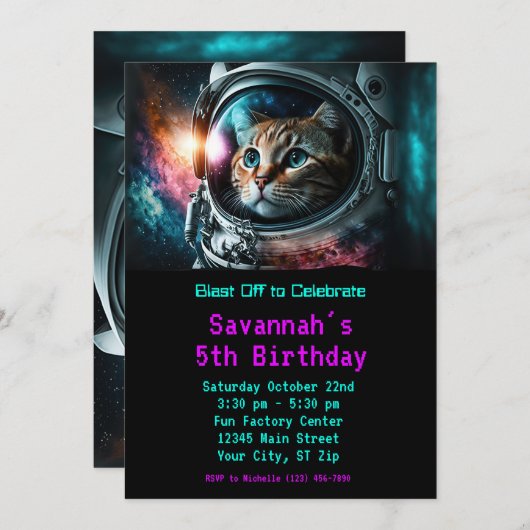 Grappig Galaxy Space Cat Astronaut Verjaardagsfees Kaart (Voorkant / Achterkant)