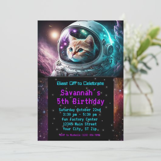 Grappig Galaxy Space Cat Astronaut Verjaardagsfees Kaart (Staand voorkant)