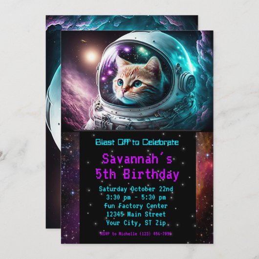 Grappig Galaxy Space Cat Astronaut Verjaardagsfees Kaart (Voorkant / Achterkant)