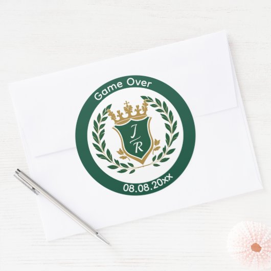 Grappig "Game Over" Trouw Monogram Wapen Klassiek Ronde Sticker (Envelop)