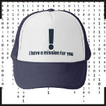 Grappig gamer pet, Uitroepteken missie Trucker Pet<br><div class="desc">Gamers zullen dit krijgen...  Ik geef niet om iemand anders! Dit geweldige pet 'I have a mission for you' is een belangrijk onderdeel van de garderobe van elke gamer. Stuur je vrienden op quests! Het uitroepteken geeft aan dat deze NPC een missie of queeste heeft voor de speler.</div>