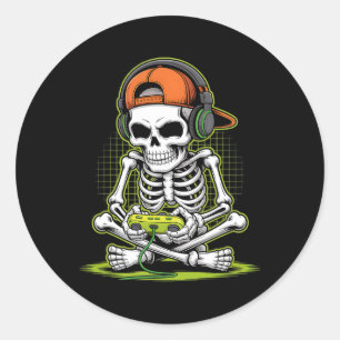 Grappig Gaming Skelet Halloween Skelet Gamer Vid Ronde Sticker