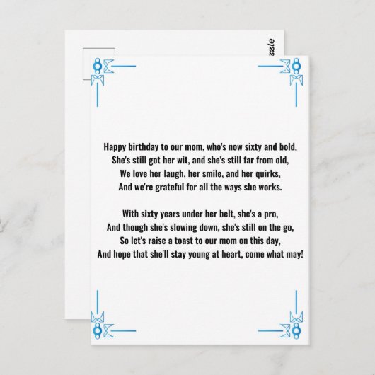 Grappig gedicht voor 60-jarige vrouw briefkaart (Voorkant / Achterkant)