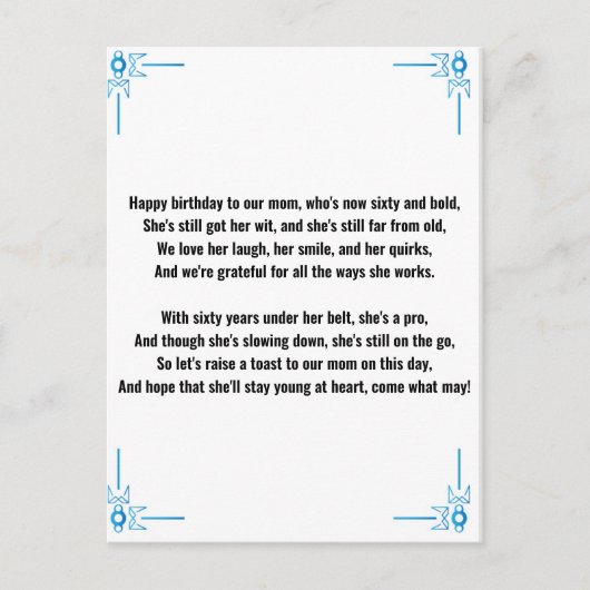 Grappig gedicht voor 60-jarige vrouw briefkaart (Voorkant)