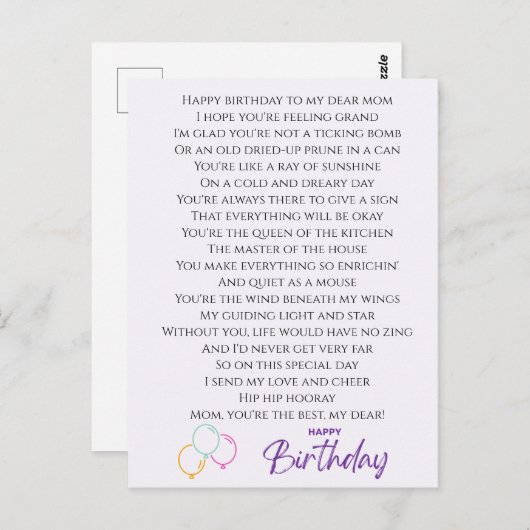 Grappig gedicht voor Moeders verjaardag Briefkaart (Voorkant / Achterkant)