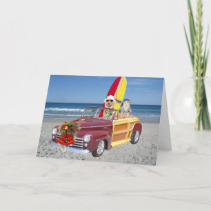 Grappig Geel Lab & Cat Surfer Kerstmis Feestdagen Kaart