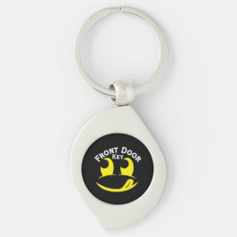 Grappig Geel Smiley Gezicht op Zwarte Metaal Sleutelhanger