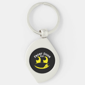 Grappig Geel Smiley Gezicht op Zwarte Metaal Sleutelhanger