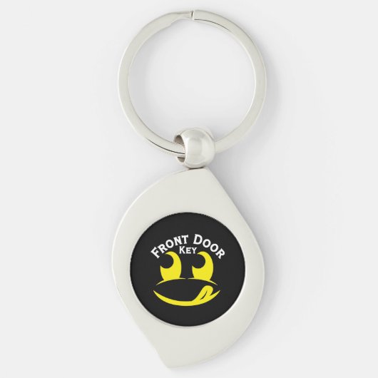 Grappig Geel Smiley Gezicht op Zwarte Metaal Sleutelhanger (Voorkant)