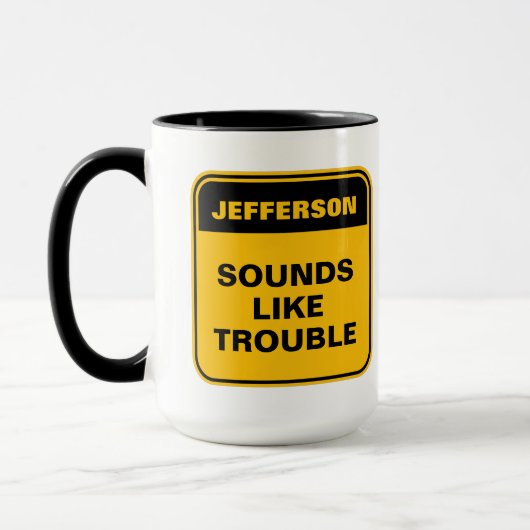 Grappig geel waarschuwingslabel klinkt als problem mok (Links)