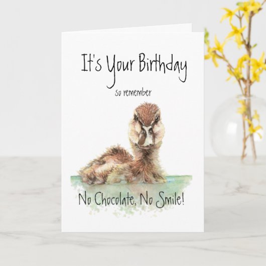 Grappig, geen chocolade, geen glimlach, angry Duck Kaart (Gele Bloem)