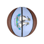 Grappig, gelukkig blauw gefundeerde cartoon die op basketbal (Verticaal)