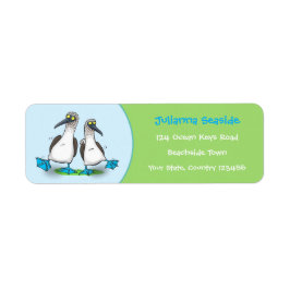 Grappig, gelukkig blauw gefundeerde cartoon die op etiket