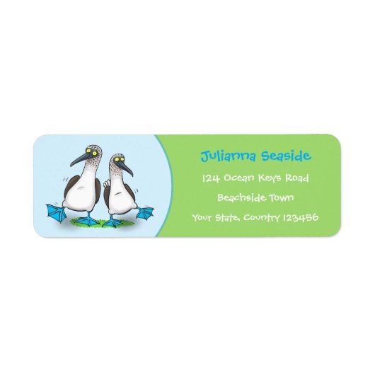 Grappig, gelukkig blauw gefundeerde cartoon die op etiket (Voorkant)