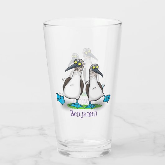 Grappig, gelukkig blauw gefundeerde cartoon die op glas (Achterkant)