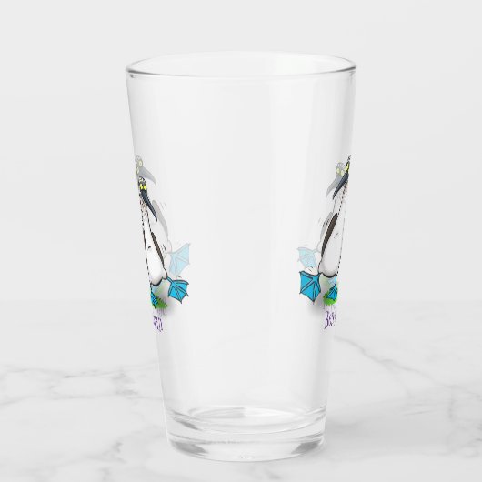 Grappig, gelukkig blauw gefundeerde cartoon die op glas (Rechts)