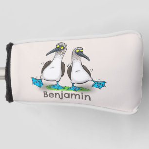 Grappig, gelukkig blauw gefundeerde cartoon die op golfheadcover