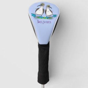 Grappig, gelukkig blauw gefundeerde cartoon die op golfheadcover