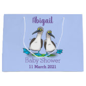 Grappig, gelukkig blauw gefundeerde cartoon die op groot cadeauzakje (Voorkant)