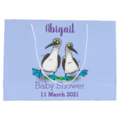 Grappig, gelukkig blauw gefundeerde cartoon die op groot cadeauzakje (Achterkant)