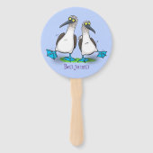 Grappig, gelukkig blauw gefundeerde cartoon die op handwaaier (Achterkant)