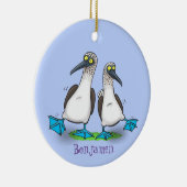 Grappig, gelukkig blauw gefundeerde cartoon die op keramisch ornament (Rechts)