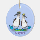 Grappig, gelukkig blauw gefundeerde cartoon die op keramisch ornament (Links)