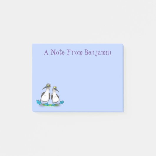 Grappig, gelukkig blauw gefundeerde cartoon die op post-it® notes (Voorkant)