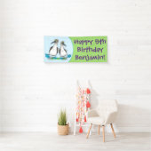 Grappig, gelukkig blauw gefundeerde cartoon die op spandoek (Insitu)