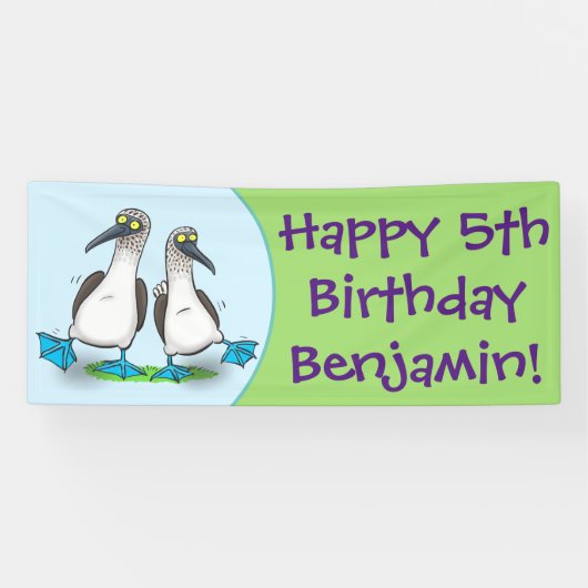 Grappig, gelukkig blauw gefundeerde cartoon die op spandoek (Horizontaal)