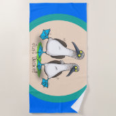 Grappig, gelukkig blauw gefundeerde cartoon die op strandlaken (Voorkant)