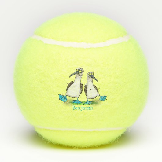Grappig, gelukkig blauw gefundeerde cartoon die op tennisballen (Achterkant)